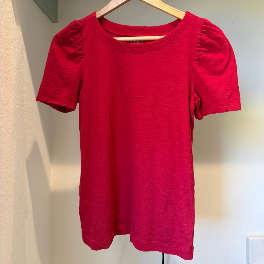 LOFT Bright Red Puff Sleeve Short Sleeve Tee, XS